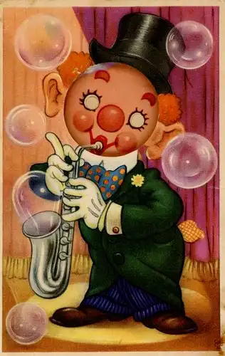 Mechanische Ak Clown spielt Saxophon, Seifenblasen