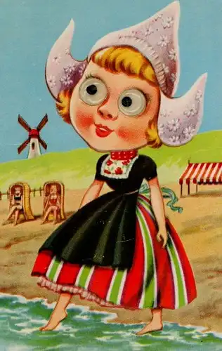 Wackelaugen Quietsch Ak Mädchen in niederländischer Tracht am Strand