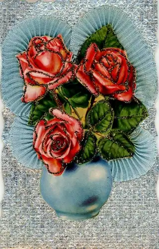Stoff Glitzer Ak Rosen in der Blumenvase
