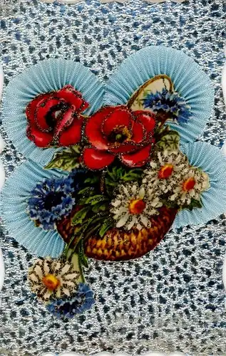 Stoff Glitzer Ak Blumenkorb, Margeriten, Rosen