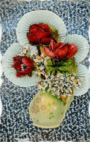 Stoff Glitzer Ak Rosen in der Blumenvase, Weiße Blumen