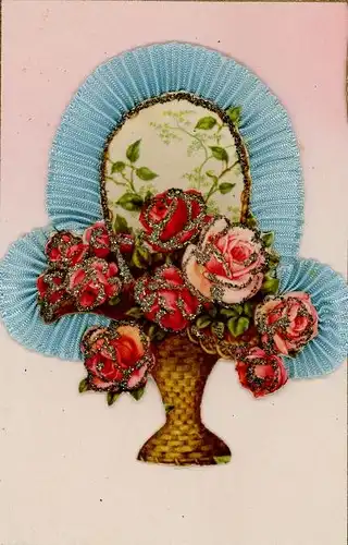 Stoff Glitzer Ak Rosen im Blumenkorb