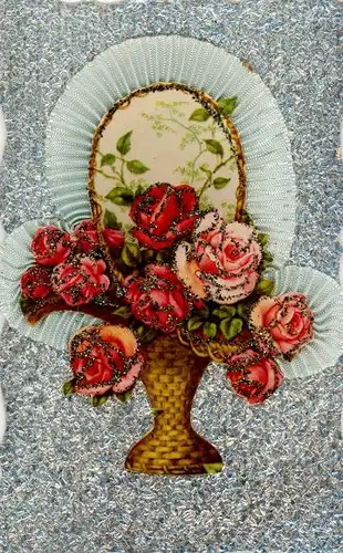 Stoff Glitzer Ak Rosen im Blumenkorb