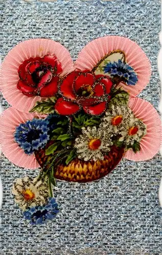 Stoff Glitzer Ak Blumen im Korb, Margeriten, Rosen