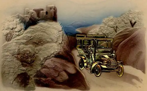 Stoff Ak Automobil, Fahrer, Schloss, Bäume