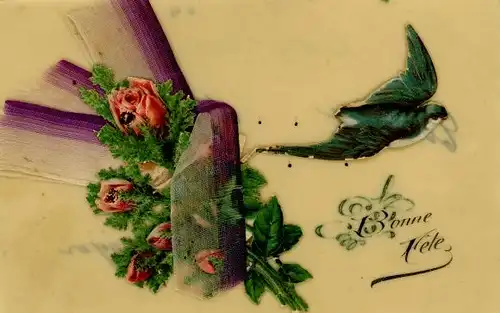 Zelluloid Ak Glückwunsch Bonne Fete, Schwalbe, Rosen, Schleife