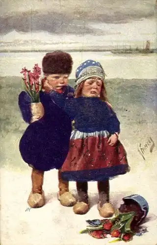 Stoff Künstler Ak Feiertag, K., Kinder in niederländischen Trachten, Zerbrochener Blumentopf