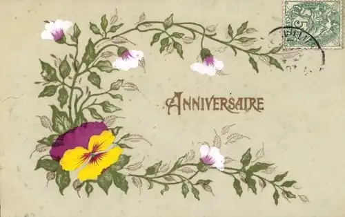 Zelluloid Ak Anniversaire, Blumen, Stiefmütterchen