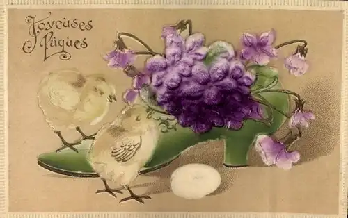 Relief Stoff Ak Glückwunsch Ostern, Blumen im Schuh, Küken, Osterei