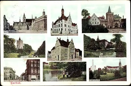 Ak Zerbst in Anhalt, Markt, Post, Heidetor, Kickinpot, Kreishaus, Friedrichsplatz, Herzogl. Schloss