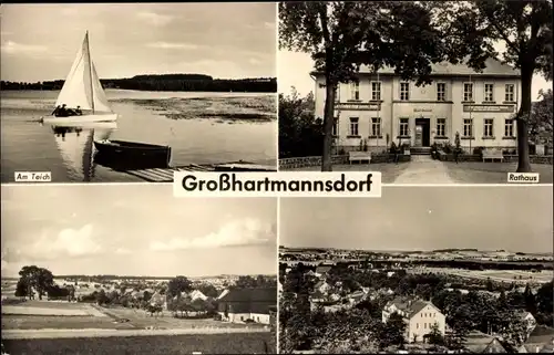 Ak Großhartmannsdorf im Erzgebirge, Am Teich, Rathaus, Teilansicht