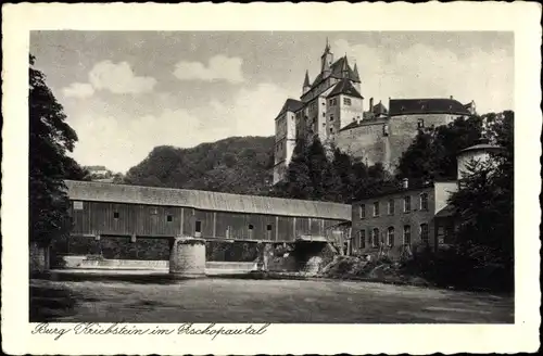 Ak Kriebstein Zschopautal, Blick auf die Burg Kriebstein, Flusspartie, Brücke