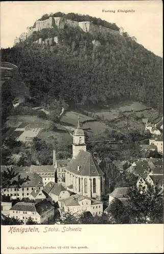 Ak Königstein an der Elbe Sächsische Schweiz, Teilansicht mit Festung, Kirche