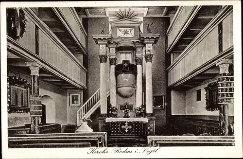 Ak Rodau Rosenbach Vogtland, Kirche, Innenansicht, Altar, Kanzel