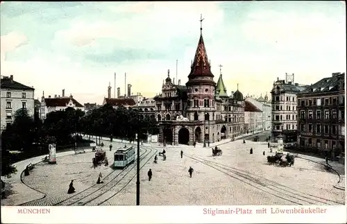 Ak München Bayern, Stiglmair Platz mit Löwenbräukeller, Straßenbahn