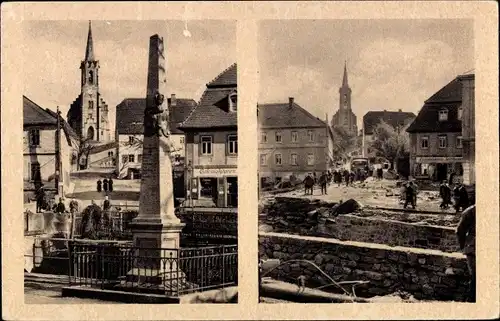 Ak Berggießhübel in Sachsen, Platz an der Brücke, vor und nach der Katastrophe vom 8./9. Juli 1927