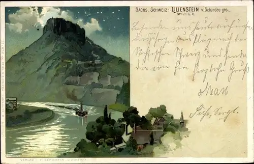 Litho Bad Schandau an der Elbe, Lilienstein von Schandau aus ges.