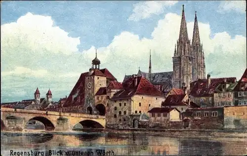 Künstler Ak Regensburg an der Donau Oberpfalz, Blick vom unteren Wörth, Nr. 2152 B