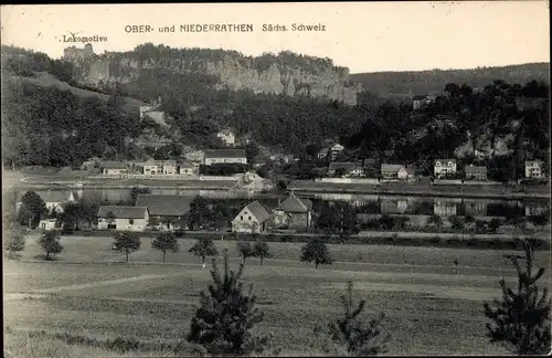 Ak Oberrathen Niederrathen Rathen an der Elbe Sächsische Schweiz, Lokomotive, Ortsansicht