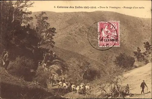 Ak Colonne de Zaers 1907-1910, Dans la Montagne, Passage d'un ravin
