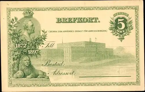 Ganzsachen Ak Schweden, König Oskar II. von Norwegen und Schweden, Löwe