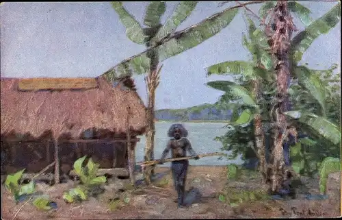 Künstler Ak Müller, P. P., Papua in Neuguinea, Dorf, Hütte, Strodach