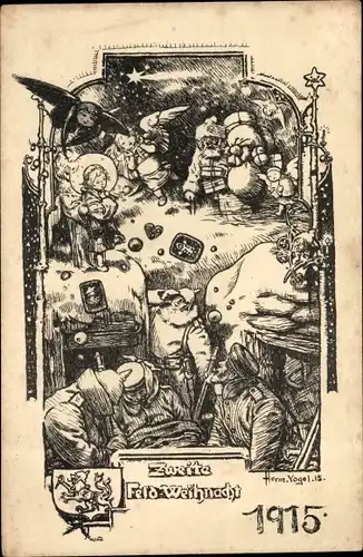 Künstler Ak Frohe Weihnachten, Feldweihnacht 1915, Soldaten im Unterstand, Weihnachtsmann, Engel