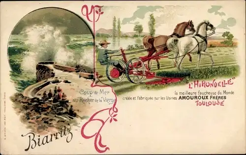 Litho Biarritz Pyrénées Atlantiques, Coup de Mer au Rocher de la Vierge, Fuhrwerk, Pferde