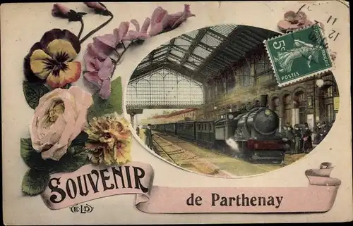 Ak Parthenay Deux Sèvres, Bahnhof, Eisenbahn, Blumen, Stiefmütterchen, Rose