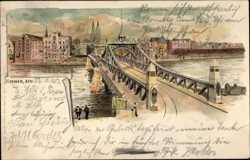 Litho Hansestadt Bremen, Blick auf die Stadt, Brücke