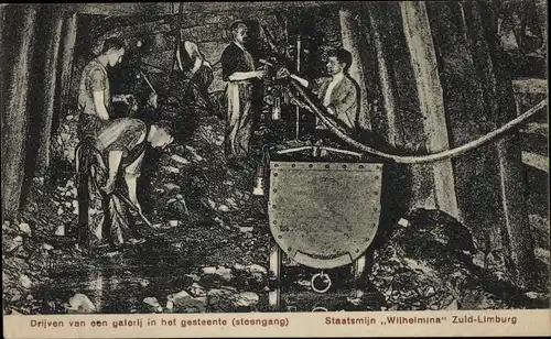 Ak Limburg Niederlande, Staatsmijn Wilhelmina, Drijven van een galerij in het gesteente