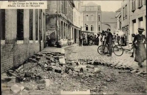 Ak Elbeuf Seine Maritime, Ravages causes par l'orage 1908, La Rue de l'Hospice