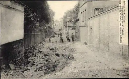 Ak Elbeuf Seine Maritime, Ravages causes par l'orage 1908, La Rue Fouquier Long