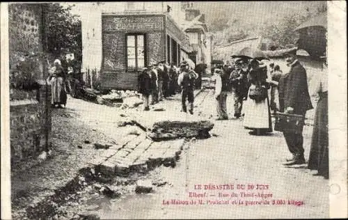 Ak Elbeuf Seine Maritime, Ravages causes par l'orage 1908, Rue du Thuit Anger