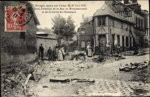 Ak Elbeuf Seine Maritime, Ravages causes par l'orage 1908, Carrefour de la Rue du Bourgtheroulde