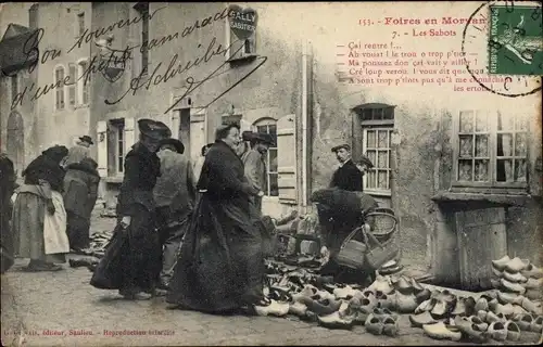 Ak Marktpartie, Marktstand mit Schuhen, Händler, Les Sabots