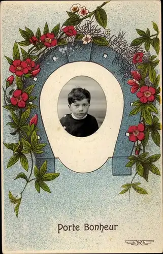 Ak Porte Bonheur, Blumen, Kind-Portrait, Junge