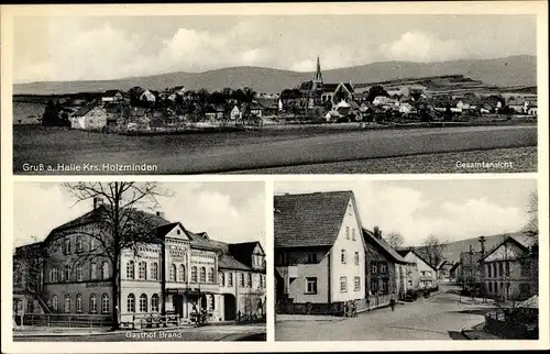 Ak Halle (Kreis Holzminden) im Weserbergland Niedersachsen, Gasthof Brand, Straßenpartie, Panorama