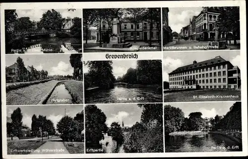 Ak Grevenbroich in Westfalen, Bahnhofstraße, Marktbrunnen, Kriegerdenkmal, St. Elisabeth Krankenhaus