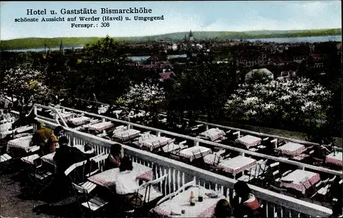 Ak Werder an der Havel, Hotel u. Gaststätte Bismarckhöhe, Terrasse, Aussicht