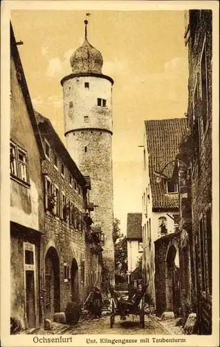 Ak Ochsenfurt am Main Unterfranken, Untere Klingengasse mit Taubenturm