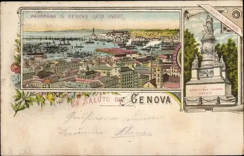 Litho Genova Genua Liguria, Panorama Lato Ouest, Monumento C. Colombo