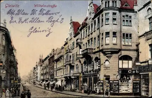 Ak Gliwice Gleiwitz Oberschlesien, Wilhelmstraße, Geschäfte