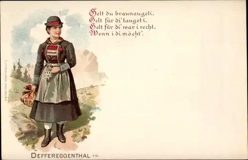 Litho Defereggental in Tirol, Gelt du braunaugeti, Gelt für di tauget i, Frau in Tracht