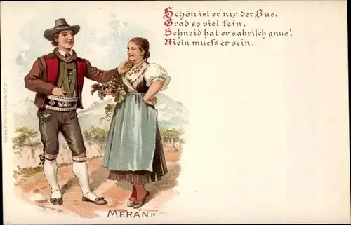Litho Meran Merano Südtirol, Schön ist er nir der Bue, Paar in Tracht