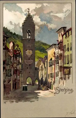Künstler Litho Sterzing Vipiteno Südtirol, Straßenpartie, Turm, Tor