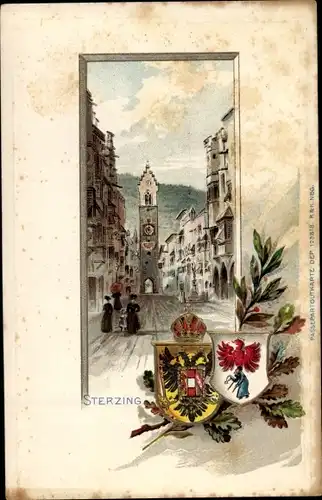 Präge Wappen Passepartout Litho Sterzing Vipiteno Südtirol, Straßenpartie, Turm, Tor