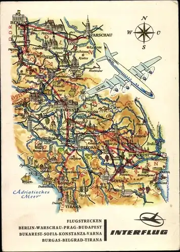 Landkarten Ak Hoppe, Interflug, Flugstrecken, Berlin, Warschau, Prag, Budapest, Bukarest, Sofia
