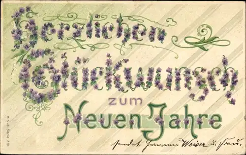 Präge Litho Glückwunsch Neujahr, Lila Blüten