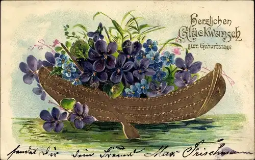 Präge Litho Glückwunsch Geburtstag, Veilchen in einem Ruderboot